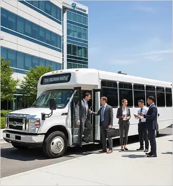 Group boarding minibus.